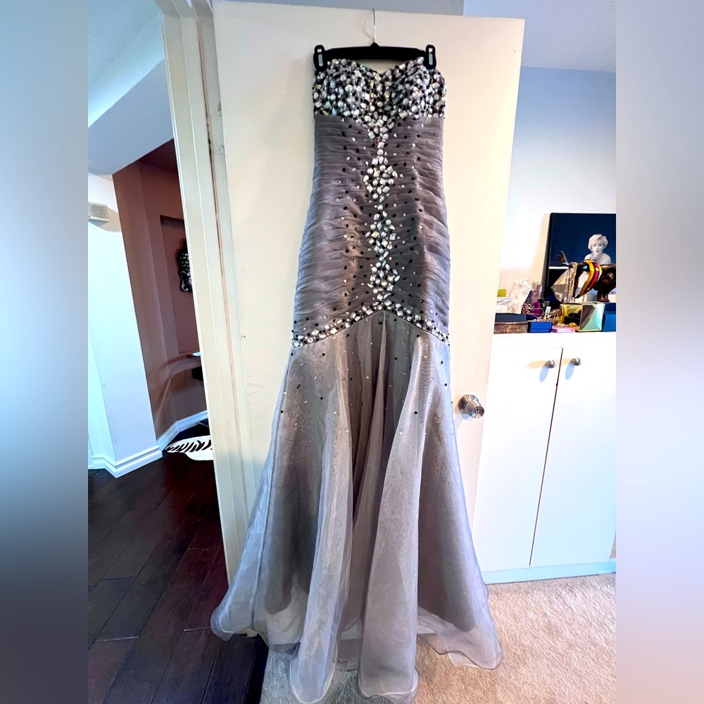 Stunning Gray Strapless Gown with Crystal/Bead Details